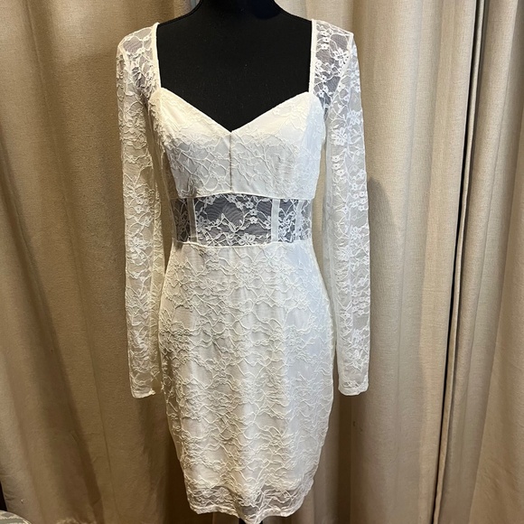 Guess White Lace Long Sleeve Bodycon Dress Size L - Picture 2 of 16